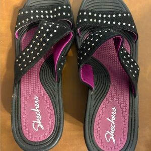 Skechers Women's Black Wedge Sandals with Pink Insole